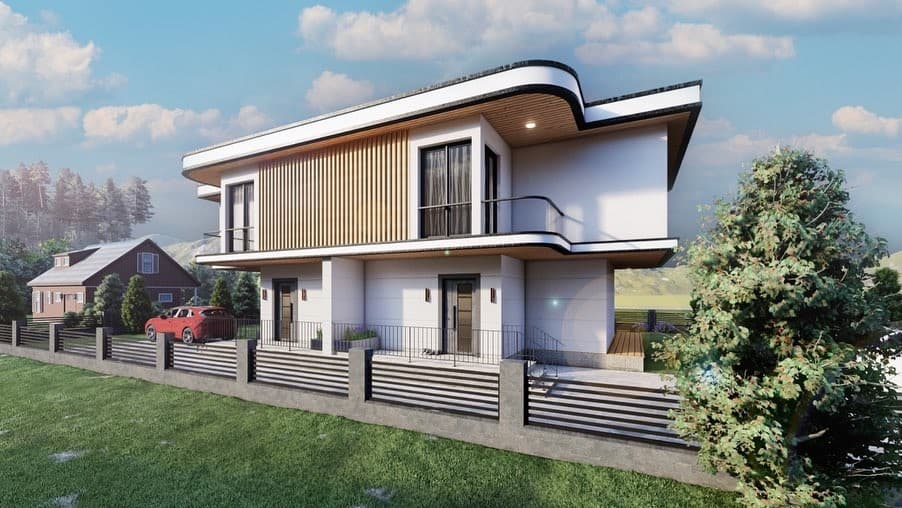 Kamiloba İkiz Villa ahşap dokulu cephe ve bahçe