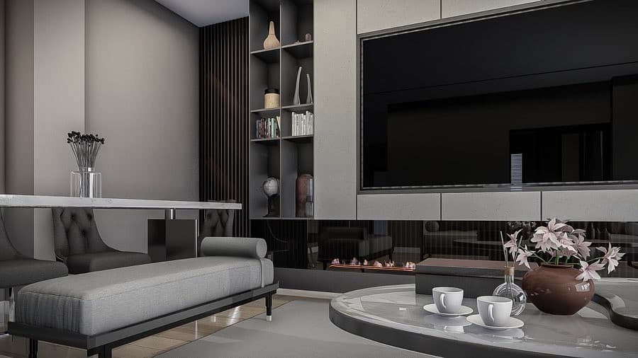 Gömme şömine ve TV ünitesi detayı