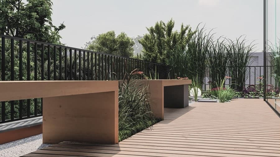 Ahşap oturma bankı ve peyzaj