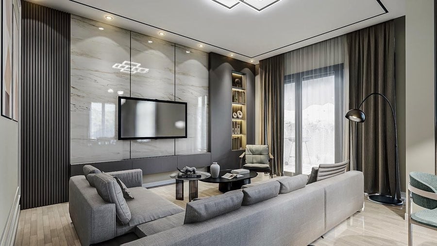 E.K. Evi salon tasarımı mermer TV duvarı, Kamiloba